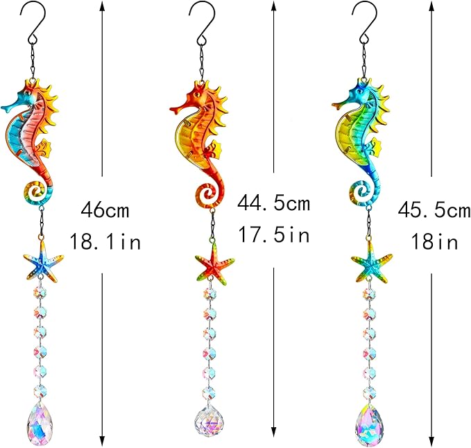 3PCS Metal Seahorse & Starfish Hanging Sun Catchers with Crystals, Colorful Crystal Prisms Stained Glass Suncatcher, Rainbow Maker Pendant Indoor Outdoor Patio Fence Decor