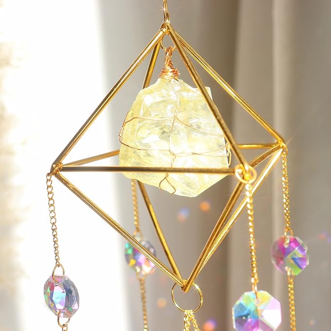Citrine Crystal Suncatchers Colorful Prisms Windows Decor Garden Wind Chimes with Chain Pendant for Wedding Party Indoor Outdoor Decorations