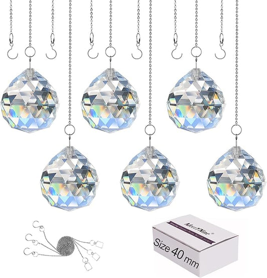 MerryNine 6 Pcs 40mm Clear Crystal Ball Prism Sun Shine Catcher Rainbow Pendants Maker, Hanging Crystals Prisms for Windows, for Feng Shui, for Gift (1.6"/40mm 6Pack)