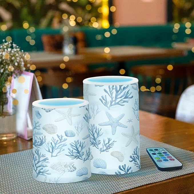 ALAZA Coastal Sea Star Coral Nautical Flickering Flameless Candles Battery Operated with Remote Timer,Tea Light Candles LED Pillar Votive Candles Set of 2 for Outdoor Indoor Decorations