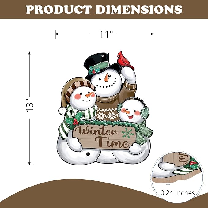 Winter Time Snowman Brown Front Door Sign, Cardinal Red Bird Wood Door Hanger Outdoor Outside Porch Decor, Christmas Seasonal Wooden Wreath Indoor Wall Hanging Decoration