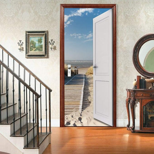 3D Door Wallpaper Self-Adhesive Door Poster - Beach Street - Door Film Photo Wallpaper Premium PVC Waterproof Door Sticker Wall Sticker for Bedroom Living Room Door Decoration Stickers 88 x 200 cm