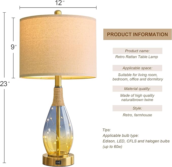 OYEARS 23" Table Lamps for Living Room Set of 2,Bedside Lamps for Night Stands, Rattan Lamps for Bedroom,Farmhouse Lamps with Glass Nightlight,Two Light Points