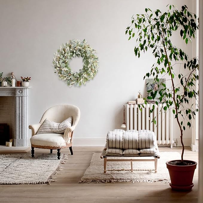 24 Inch Summer Spring Ivory Flowers Wreath for Front Door, Everyday Lamb Ears Leaves Wreath with White Artificial Flower for Indoor and Outdoor, Rustic and Farmhouse Greenery Flower