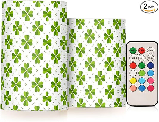 ALAZA St Patricks Day Clover Leaves Shamrocks Flickering Flameless Candles Battery Operated with Remote Timer,Tea Light Candles LED Pillar Votive Candles Set of 2 for Outdoor Indoor Decorations