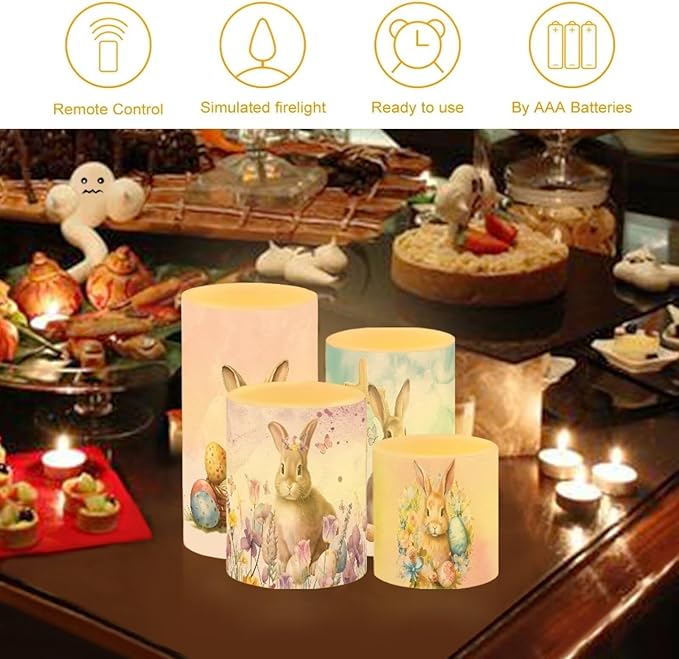 Flameless Light Candles Home Ornaments Battery Operated Candles with Color Changing Timer Remote Control Fake Pillar Candles Tealights Easter Home Decoration, Easter Bunny Colorful
