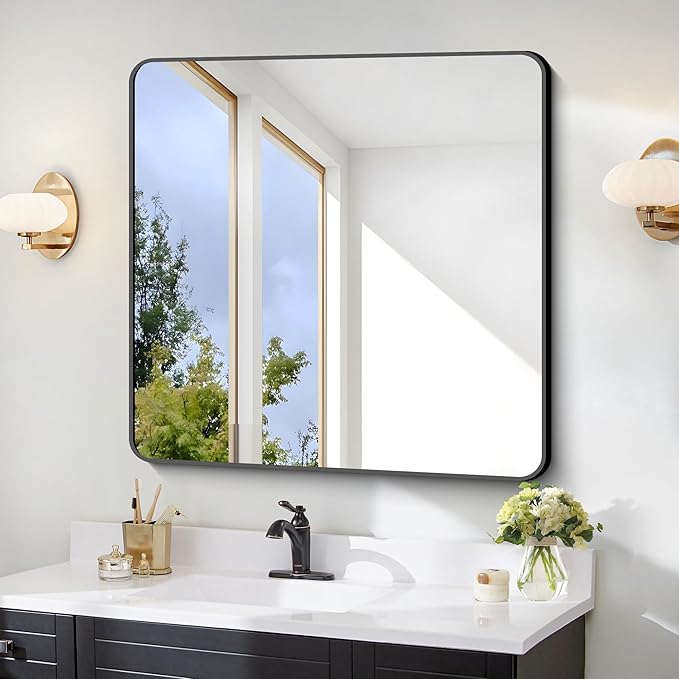 FORBATH Bathroom Mirror 30" x 30", Large Square Wall Mirror with Black Aluminum Frame Rounded Corner, Wall Mounted Mirror for Bathroom Bedroom Entryway Living Room