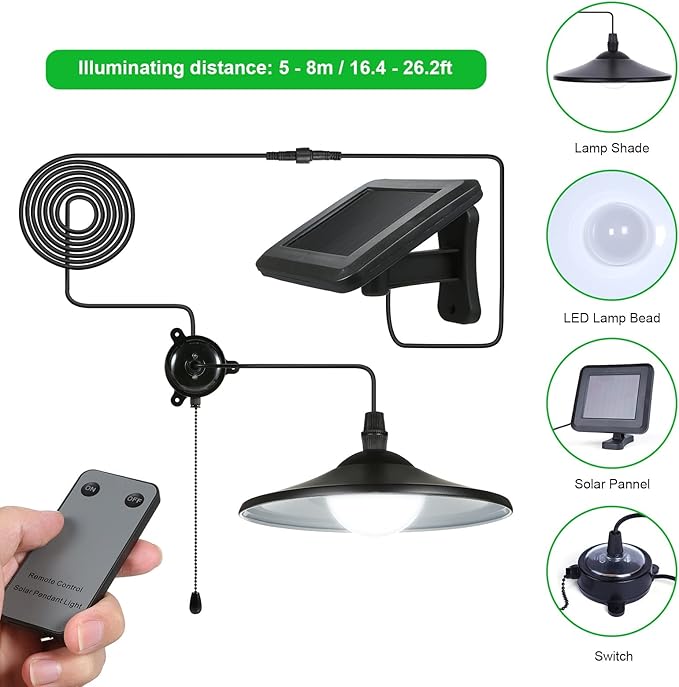 Lixada Solar Pendant Light Outdoor Indoor Hanging Light LED Shed Light Waterproof Pendant Lamp with Remote Control & Pull Cord for Garden Yard Patio Balcony Landscape Home Decoration