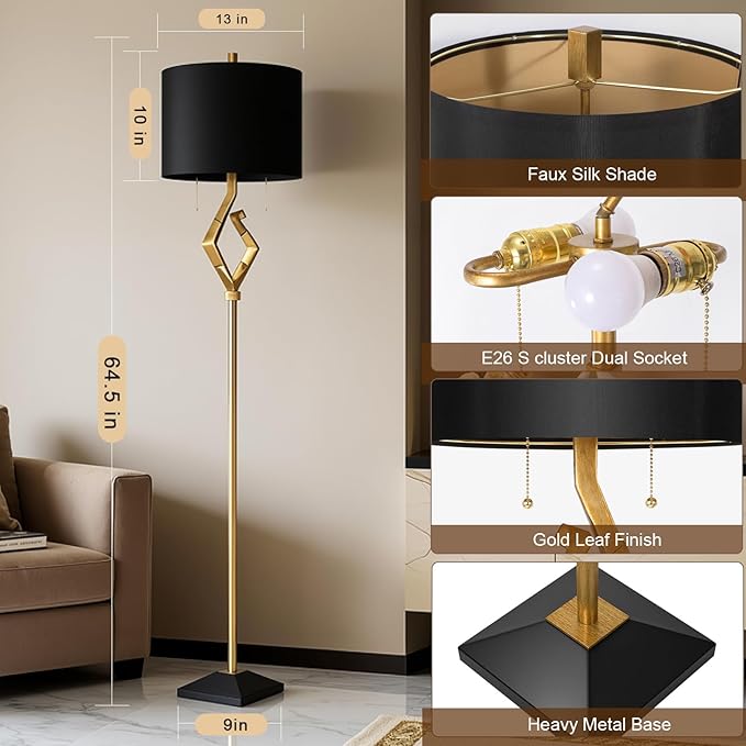 Sculptural Floor Lamp for Living Room Bedroom, 64.5” Pull Chains Standing Lamp, Gold Leaf Finish & Black Faux Silk Lamp Shade, Lighting Brightness Adjustable Lamp with Bulb Prefer for Home Decor