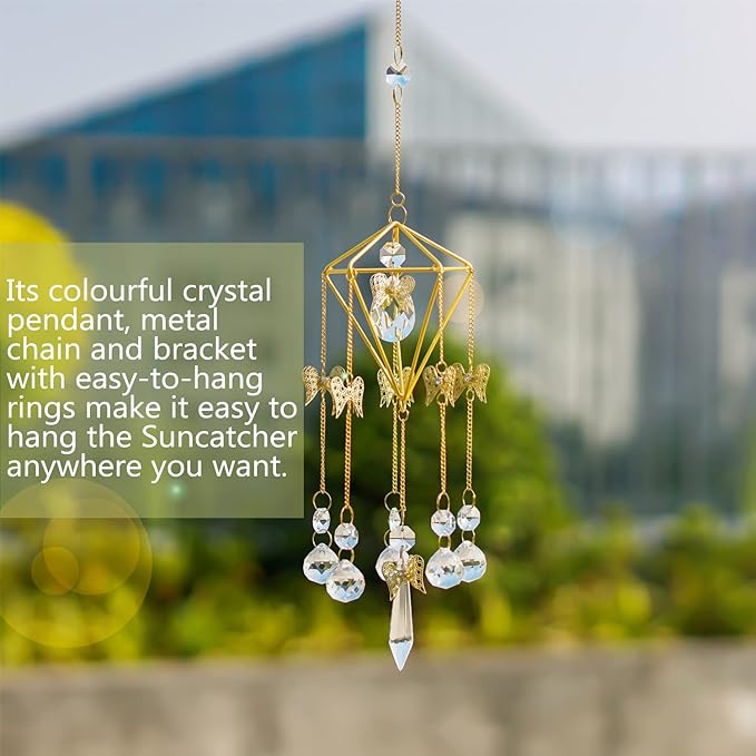 Sun Catchers with Crystals Indoor Window, Handmade Gold Plated Angel Suncatcher, Wind Chime Rainbow Maker Pendant