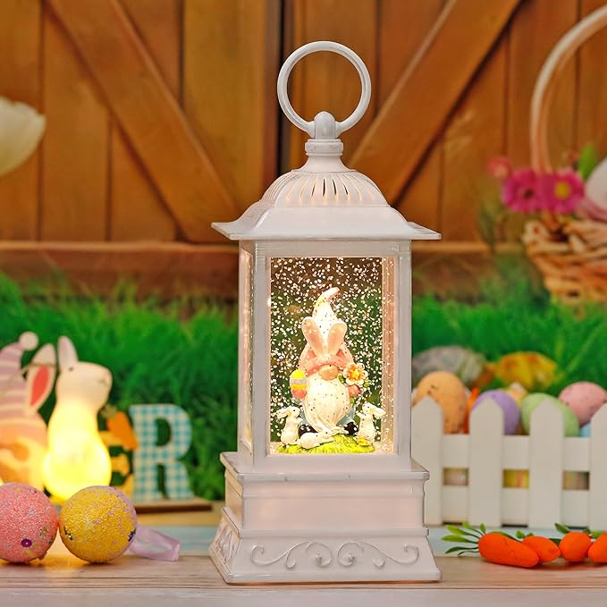 Easter Snow Globe With Bunny Gnome - Lighted Glitter Lantern for Home Decorations, Spring Decor and Gift