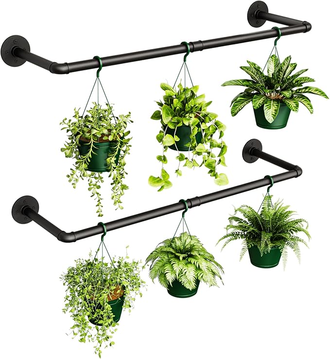 Bamworld Hanging Planters 2PCS for Indoor Plants Hanging Plant Holder Plant Hanger Indoor Ceiling Window Plant Shelves Wall Mount Black Metal Rod(Pot&Plant Not Included)