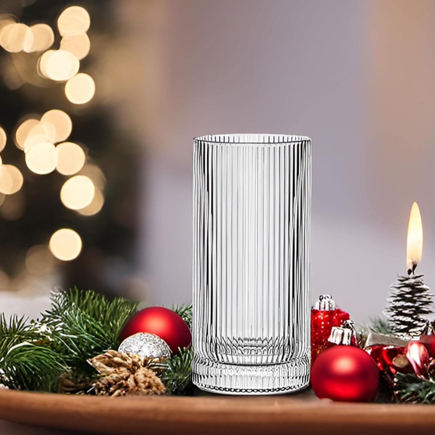 Ribbed Highball Glasses 16 oz - Set of 4 Vertical Drinking Glassware - Fits For Home Bars, Offices, or Restaurants - Water Glass Cups Dishwasher Safe