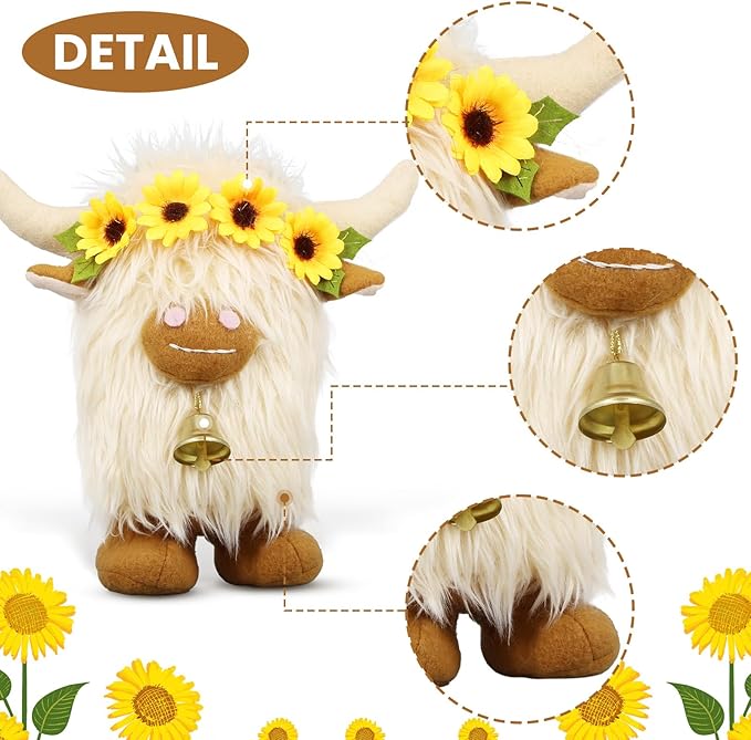 Lovinland Highland Cow Decor - Spring Scottish Cow Plush Gnomes Decorations for Home - Stuffed Animal Plush Gnomes Doll