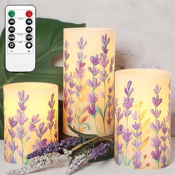MELTONE Lavender Flameless Candles with Remote: Romantic Theme Real Wax Fake Candles - Home Bedroom Party Room Christmas Decor - Set of 3