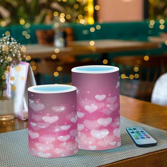 ALAZA Hearts Pink Background Flickering Flameless Candles Battery Operated with Remote Timer,Tea Light Candles LED Pillar Votive Candles Set of 2 for Outdoor Indoor Decorations