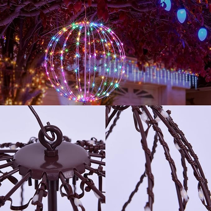 Christmas Ball Sphere, 20IN 200LED Hanging Tree and Pathway Light With Hook and Stake, Foldable Metal Frame Ball for Outdoor Garden, UL Listed, White Frame, RGB