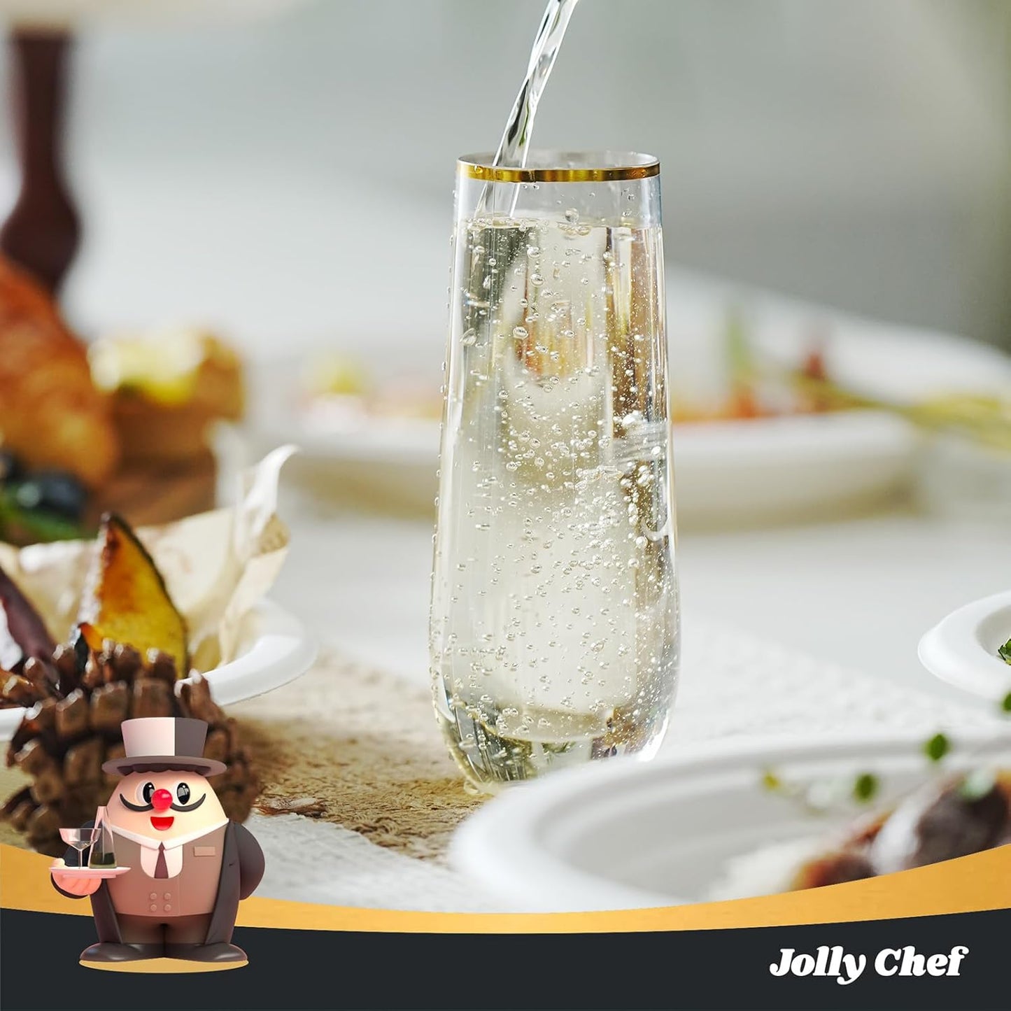 JOLLY CHEF 24 Pack Stemless Plastic Champagne Flutes Disposable 9 Oz Gold Rim Clear Plastic Toasting Glasses Shatterproof Recyclable