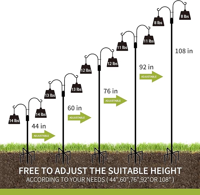 XDW-GIFTS Double Shepherds Hooks for Outdoor, 2-Pack Heavy Duty Garden Pole for Hanging Bird Feeder, Plant Baskets, Solar Light Lanterns, Garden Plant Hanger Stands with 5 Base Prongs