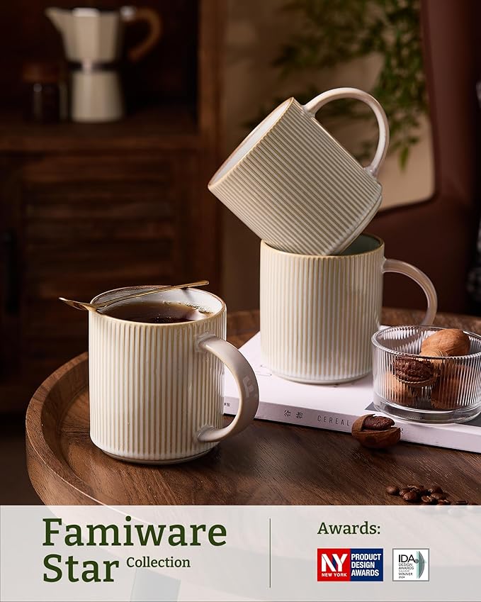 famiware Coffee Mug Set for 4, Star 16 oz Catering Mugs Cup Set with Handle for Coffee, Tea, Cocoa, Milk - Ceramic Stoneware Drinkware Set, Cappuccino White