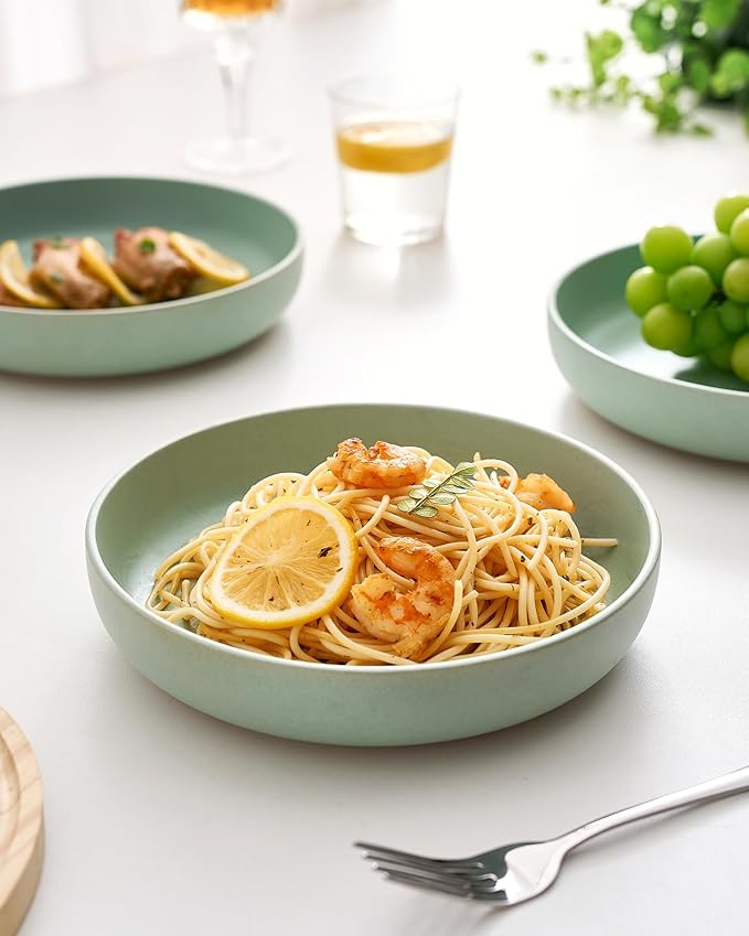 famiware Milkyway Pasta Bowls Set of 4, 8.5" Large Salad Bowls, Double Reactive Glaze, Sturdy & Stackable, Ideal for Housewarming, Festivals, Light Green