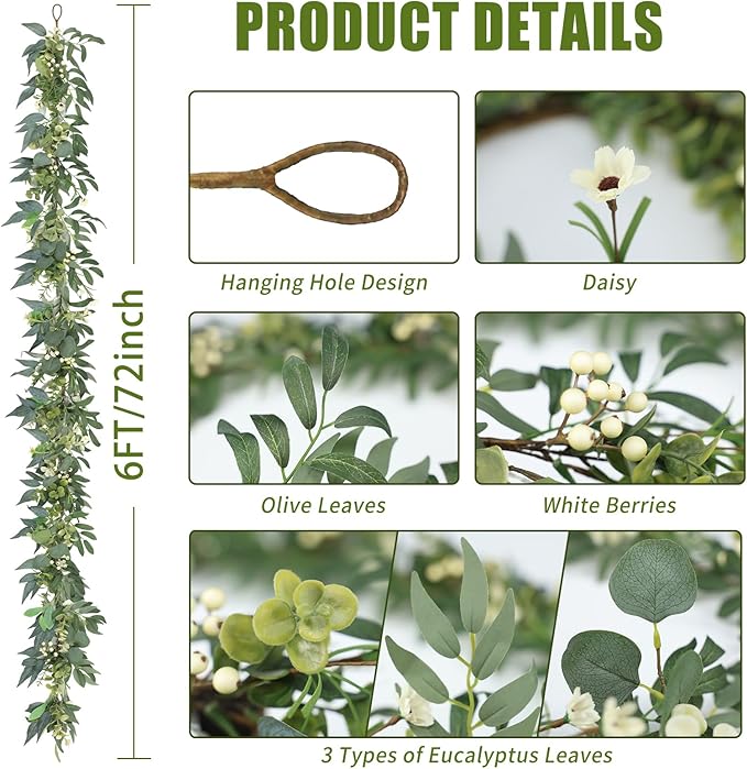 Artgar Eucalyptus Garland with Lights - 6 Ft Greenery Garland - Artificial Silver Dollar Olive Garlands, Spring/Summer Green Garlands for Indoor Outdoor Home Decor Wedding Arches Backdrops Table Decor