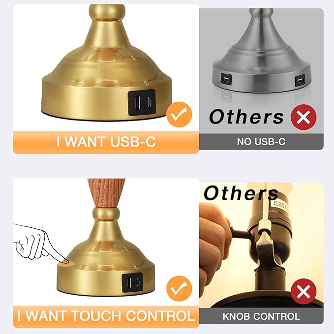 Seealle Lamps for Bedrooms Set of 2 - Touch Bedside Lamp with USB C+A, 3 Way Dimmable Nightstand Lamps with USB Port, Wood Table Lamp for Living Room Guest Room Bed Side End Table(Bulbs Included)