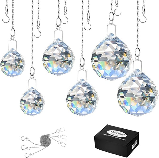 MerryNine 6 Pcs Clear Crystal Ball Prism Sun Shine Catcher Rainbow Pendants Maker, Hanging Crystals Prisms for Windows, for Feng Shui (30mm/40mm/50mm 6Pack)