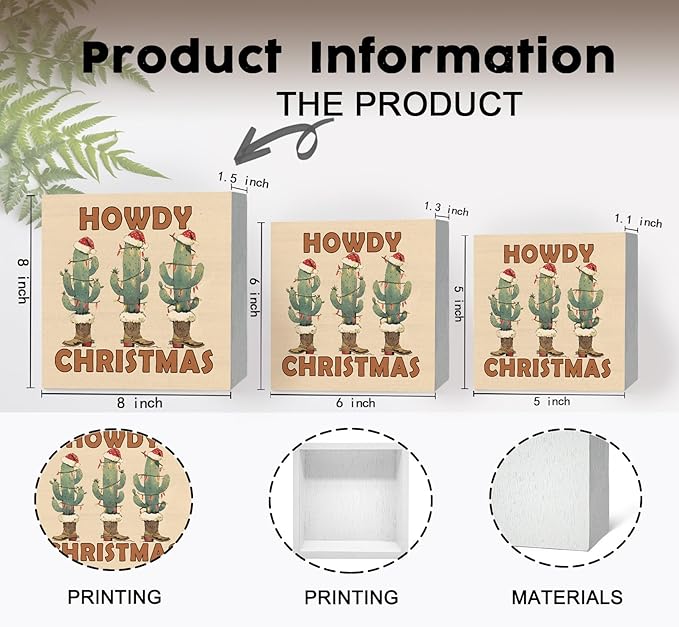 Howdy Christmas Western Cactus Cowgirl Boots Wooden Box Sign, Country Christmas Wood Signs For Home Office Desk Shelf Table Decor, Western Decorations, 8x8 Inch