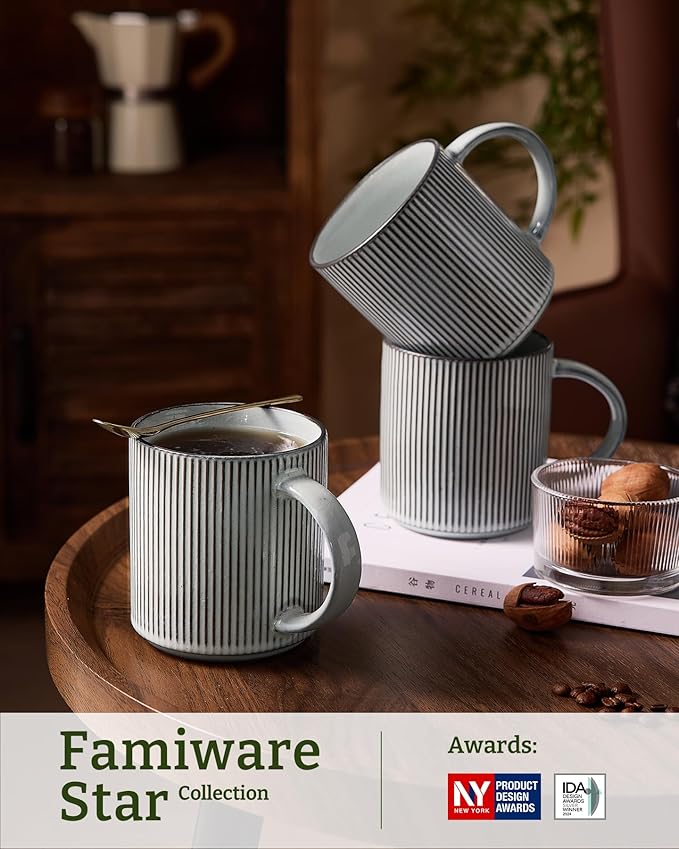 famiware Coffee Mug Set for 6, Star 16 oz Catering Mugs Cup Set with Handle for Coffee, Tea, Cocoa, Milk - Ceramic Stoneware Drinkware Set, Smoky Blue