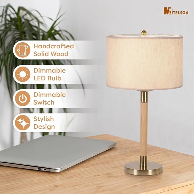 LED Bedside Lamp for Bedroom, Modern Desk Lamp with Dimmable Switch and Bulb, Wood Table Lamp for Nightstand, Desk Reading Lamp for Kids Room Living Room Office, Natural Wood Finish