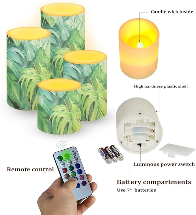 Flameless Light Candles Battery Operated Candles with Color Changing Timer Remote Control Fake Pillar Candles Tealights Home Indoor Desktop Decorations, Green Monstera Leaf