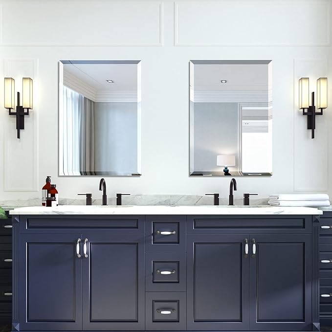 Mirrorons Beveled Mirror, Bathroom Mirrors for Wall 20" x 28", Frameless Rectangle Bathroom Mirror with Beveled Edge, Hangs Horizontally or Vertically, Upgraded Packing