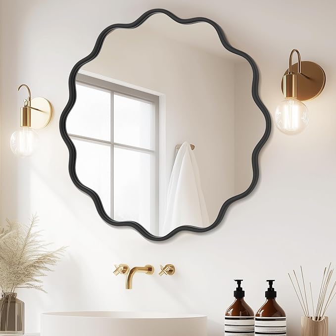PROHOMEWARE Black Round Mirror 36 Inch Wavy Bathroom Vanity Mirror Black Frame Modern Wall Mirror Decorative Wall-Mounte Anti-Rust, Tempered Glass