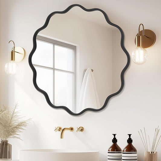 PROHOMEWARE Black Round Mirror 32 Inch Wavy Bathroom Vanity Mirror Black Frame Modern Wall Mirror Decorative Wall-Mounte Anti-Rust, Tempered Glass