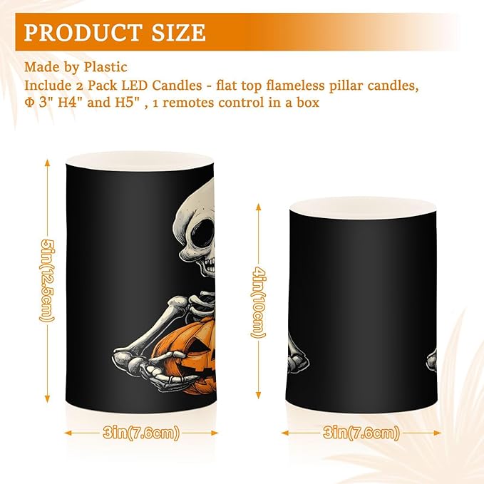 ALAZA Halloween Skeleton Skull Pumpkin Flickering Flameless Candles Battery Operated with Remote Timer,Tea Light Candles LED Pillar Votive Candles Set of 2 for Outdoor Indoor Decorations