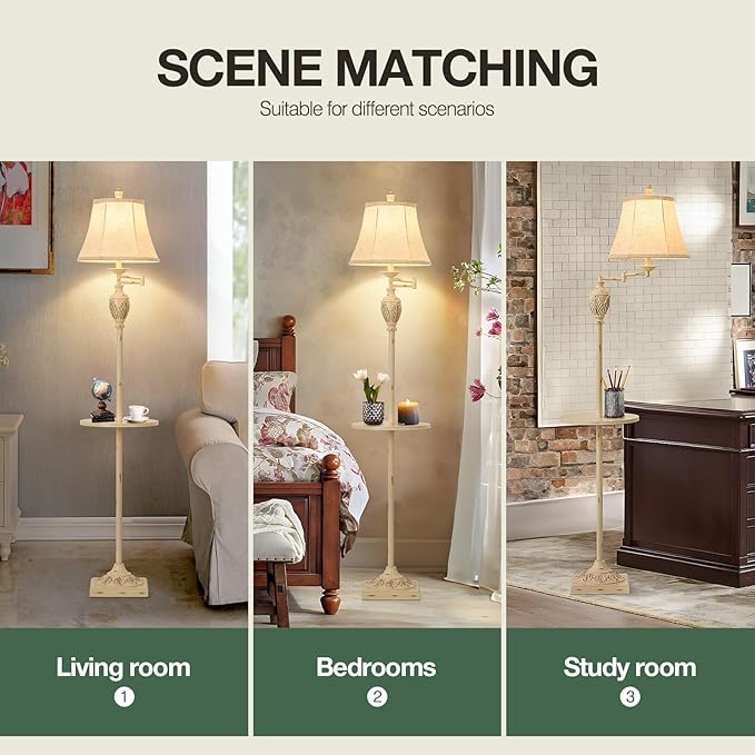 Traditional LED Floor Lamp with 350° Adjustable Swing Arm Lamp – Vintage Standing Pole lamp for Living Room, Bedroom and Office – Rustic Upright Floor Light for Home Décor with Silk Fabric Shade