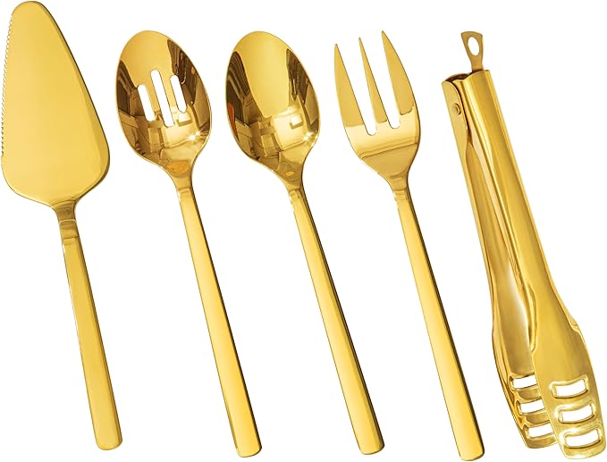 KINGSTONE Large Hostess Gold Serving Utensils Set,18/10 Stainless Steel Heavy Duty 10inch Serving Spoons,Slotted Spoons,Serving Fork,Serving Tongs, Cake Pie Server For Buffet, Wedding, Party