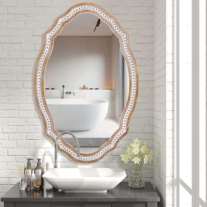 24 x 35 Inches Wooden Farmhouse Oval Mirror for Wall Decor, Living Room, Bedroom, Bathroom Rustic Decorative Mirror for Entryway - Vertical or Horizontal Hanging