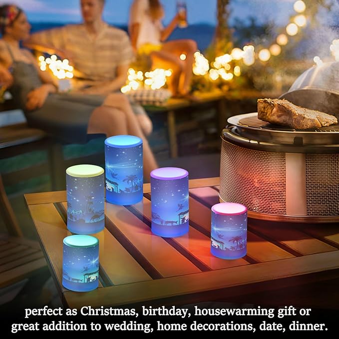 ALAZA Christmas Blue Nativity Scene Flickering Flameless Candles Battery Operated with Remote Timer,Tea Light Candles LED Pillar Votive Candles Set of 2 for Outdoor Indoor Decorations