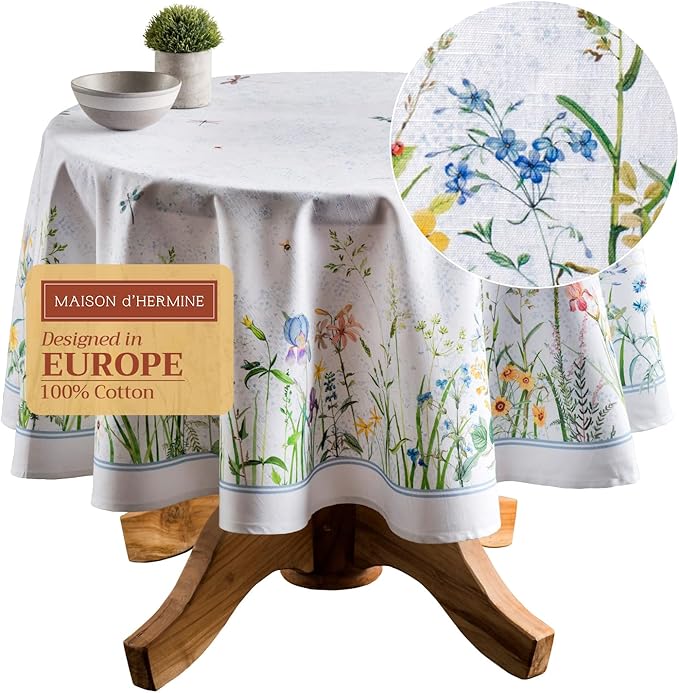 Maison d' Hermine Table Cloth Round Table 100% Cotton 63 Inches Tablecloth Reusable Decorative Everyday Use for Dining Room, Farmhouse, Home, Party, Festive & Wedding Spring Summer - Fleurs De Mai