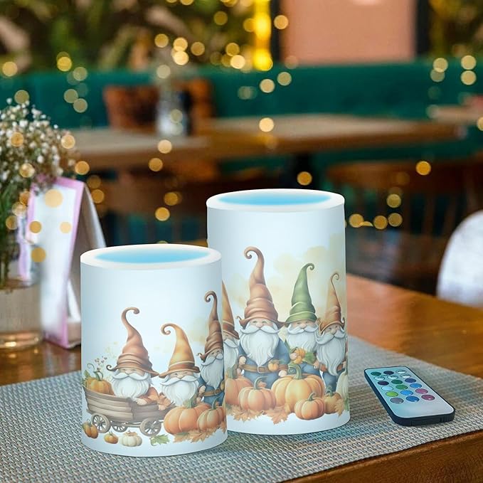 Thanksgiving Autumn Fall Gnomes Pumpkin Flickering Flameless Candles Battery Operated with Remote Timer,Tea Light Candles LED Pillar Votive Candles Set of 2 for Outdoor Indoor Decorations