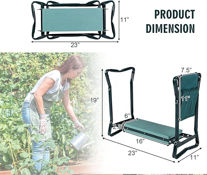 2-in-1 Garden Kneeler and Seat, Folding Garden Seat w/EVA Foam Kneeling Pad & Removable Tools Pouch, Sturdy Steel Frame, No Assembly, Portable Heavy Duty Garden Stool for Women Men Seniors