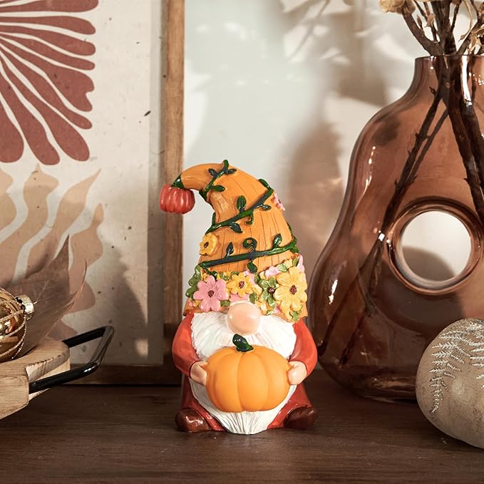 RM ROOMERS Fall Decor Gnome Figurine Decorations with LED Pumpkins, Orange Gnome for Autumn Table Decor, Small Gnome Statue for Table Centerpiece Tiered Tray Thanksgiving Decoration