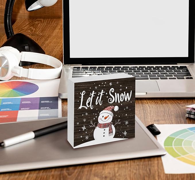 Let It Snow Sign, Christmas Snowman Snowflake Wooden Box Sign, Snowman Christmas Decorations, Winter Wood Signs for Home Office Desk Table Shelf Decor, 5x5 Inch