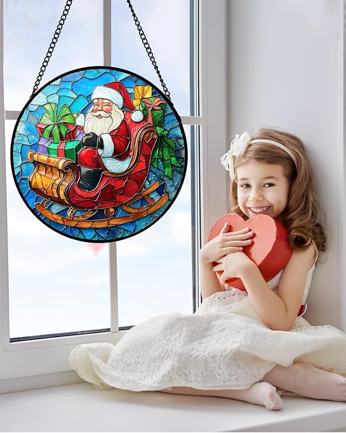 Stained Glass Window Hanging - Red Santa Claus Gift Box Suncatcher for Doors Home Christmas Decoration Winter Sun Catcher Thanksgiving New Year Birthday Gift for Women Men Mom Nana 9.8 in