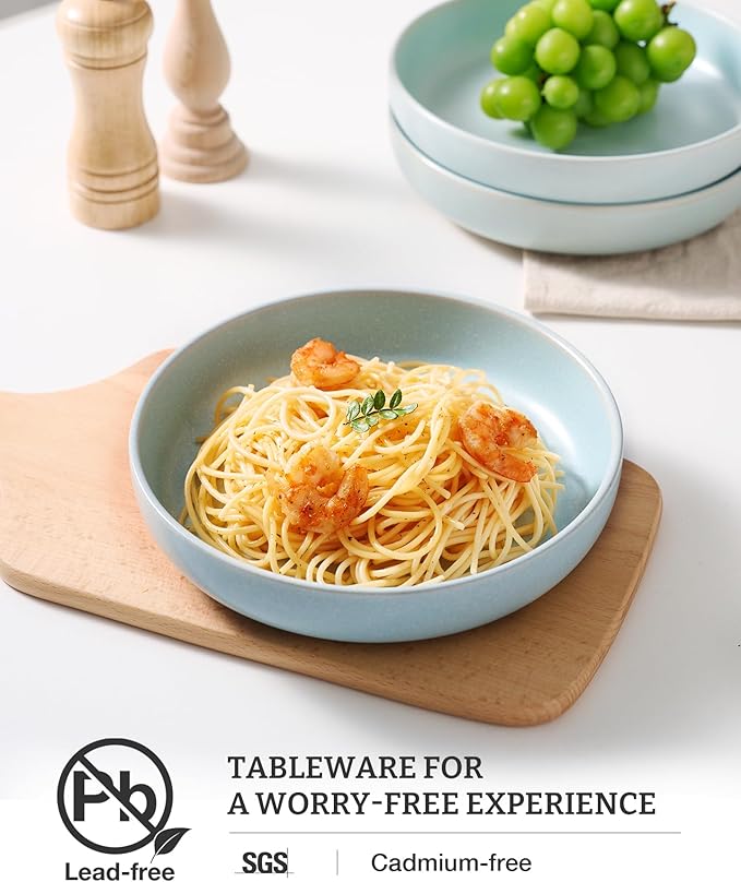 famiware Milkyway Pasta Bowls Set of 4, 8.5" Large Salad Bowls, Double Reactive Glaze, Sturdy & Stackable, Ideal for Housewarming, Festivals, Light Blue