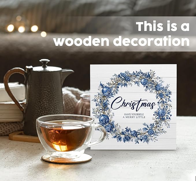 Have Yourself a Merry Little Christmas Sign, Blue Christmas Wreath Wooden Box Sign, Christma Wreath Decorations, Christma Wood Signs for Home Office Desk Shelf Table Decor, 6x6 Inch