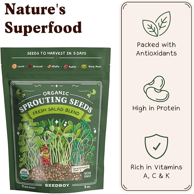 Organic Sprouting Seeds - Salad Blend Variety- Non-GMO, USA Grown Microgreens Mix - Alfalfa, Broccoli, Radish, Mung Bean, Lentil - Makes 8 Quarts of Sprouts, 24 Servings (8 oz) (Salad Blend)