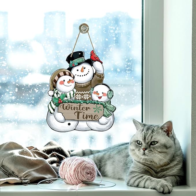 Winter Time Snowman Brown Front Door Sign, Cardinal Red Bird Wood Door Hanger Outdoor Outside Porch Decor, Christmas Seasonal Wooden Wreath Indoor Wall Hanging Decoration